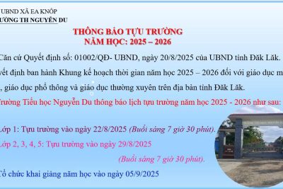 Thông báo tựu trường năm học: 2025 – 2026 – Trường Tiểu học Nguyễn Du